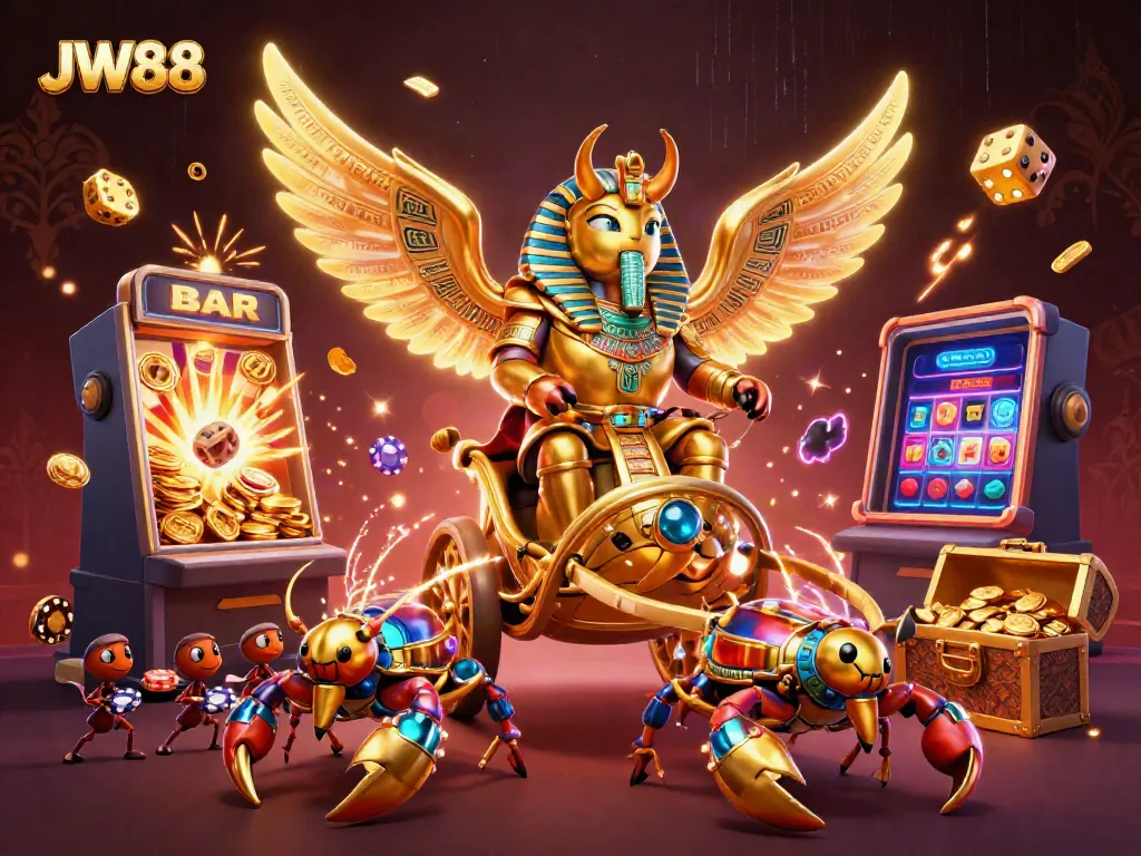 Experience thrilling gameplay at JW88 casino with a vibrant 3D illustration of a colossal golden scarab and dynamic gaming elements.