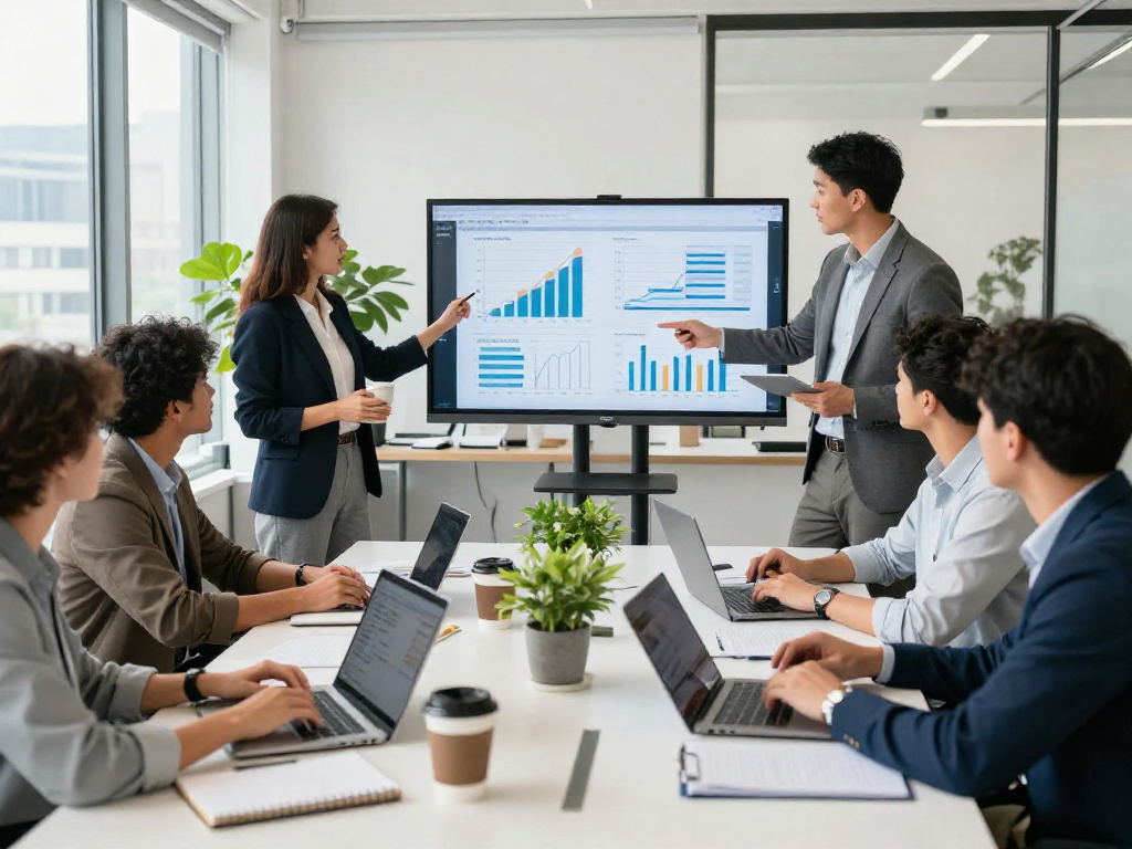 Diverse team collaborating on financial strategies at http://debet-app.com in a modern office setting.