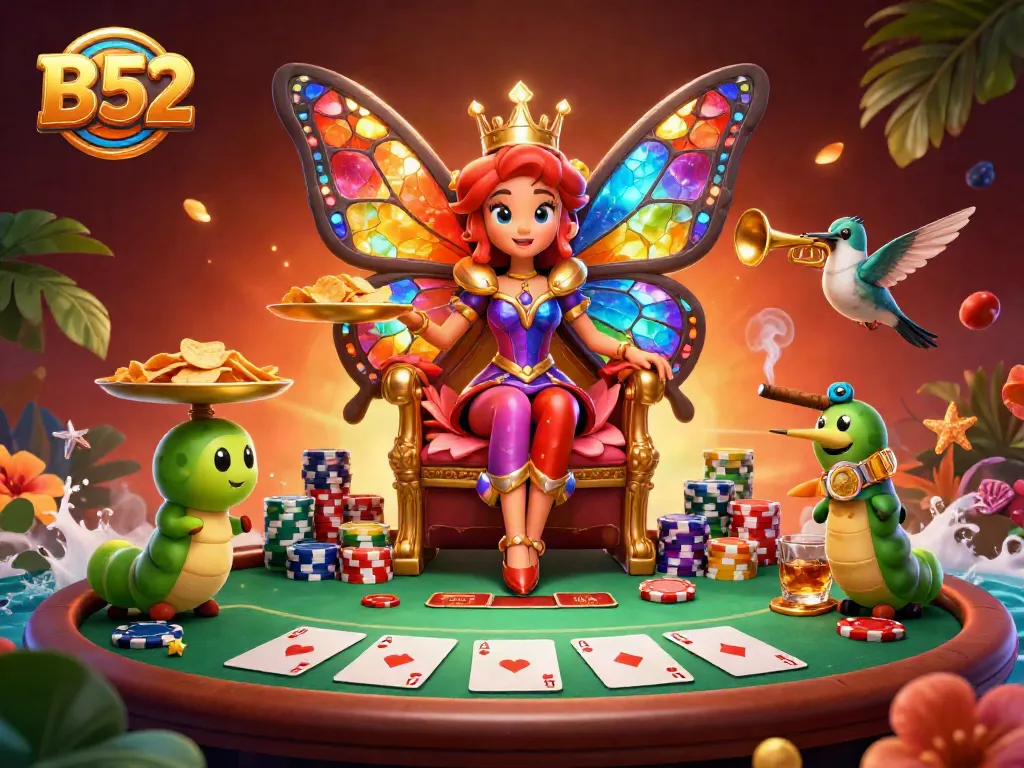 B52 casino scene with a butterfly queen, poker elements, and vibrant colors depicting gaming excitement.