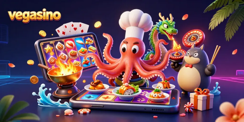 Experience the thrill of vegasino with a dynamic 3D casino illustration showcasing vibrant gaming elements.