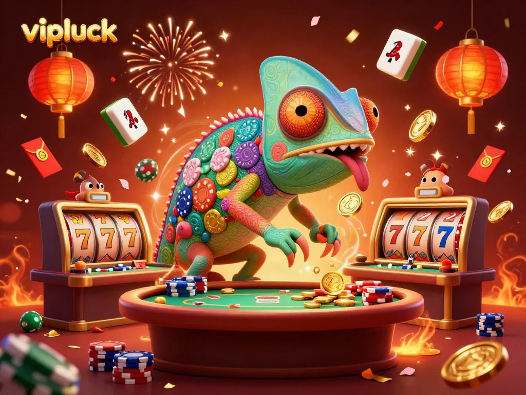 Gameplay at vipluck Casino with colorful chameleon owner and slot reels enhancing the casino experience.