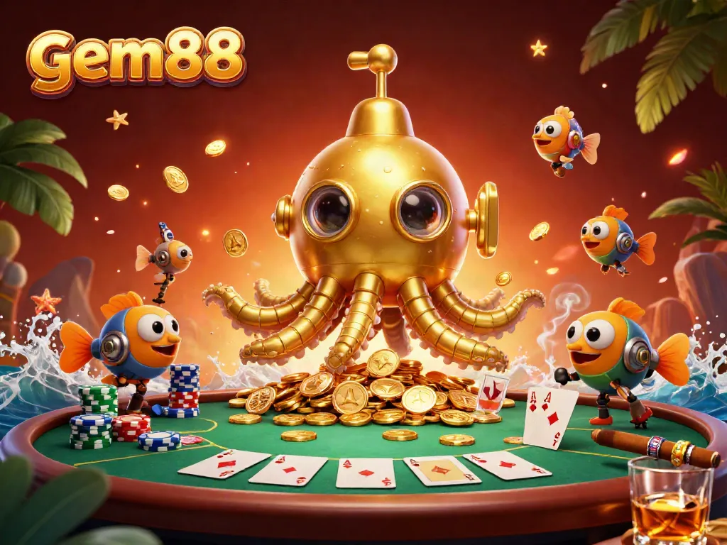 Join the fun at gem88 with a colorful 3D cartoon kraken and poker scene exemplifying excitement.