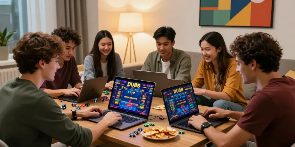 Group of friends enjoying an exciting gaming night at https://du88az.net/ in a cozy living room.