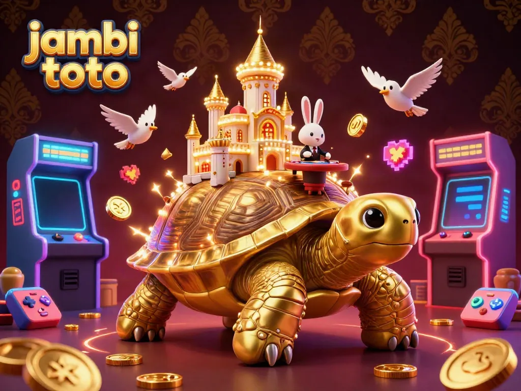 Engage with the thrilling world of Jambi Toto, featuring a glowing casino on a tortoise with golden coins.