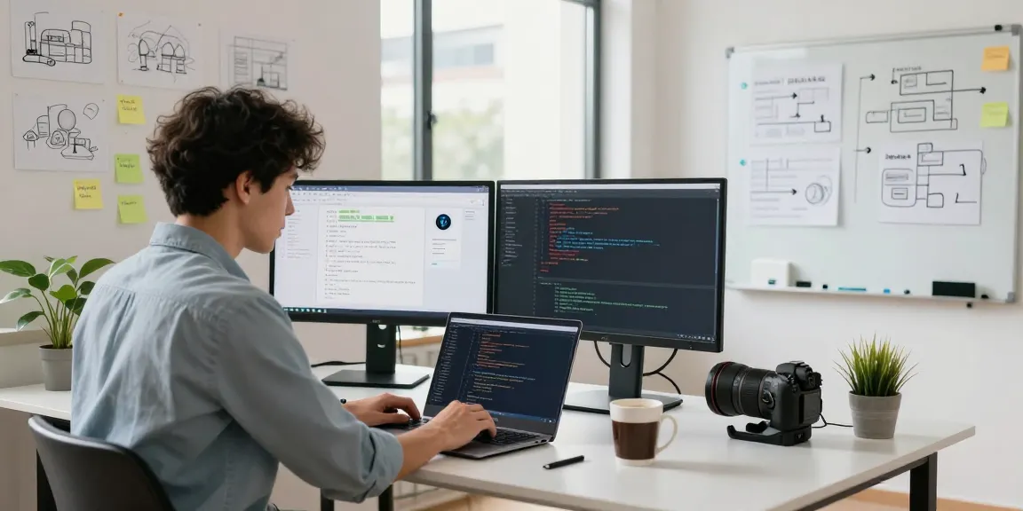 Build internal tools with AI in a modern office, showcasing a developer coding with multiple screens and collaborative tools.