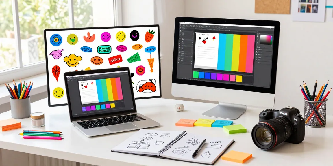 Custom stickers displayed on a vibrant creative workspace, showcasing design process and inspiration.