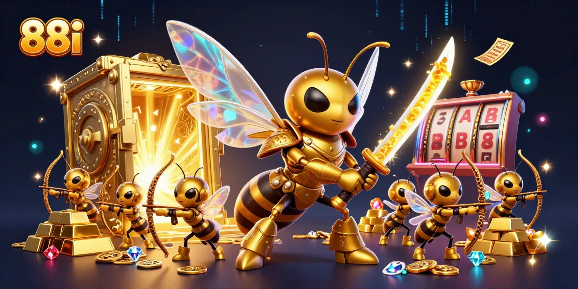 Experience 88i's thrilling gaming adventure with a golden hornet and treasure in vibrant 3D.