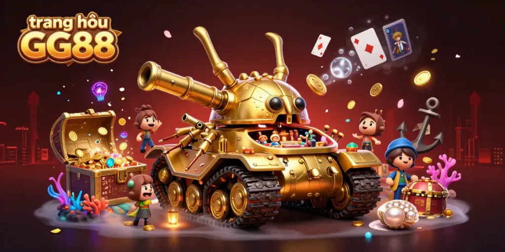 Experience excitement at trang chủ GG88 with vibrant illustrations of a golden beetle casino and treasure-filled ocean.