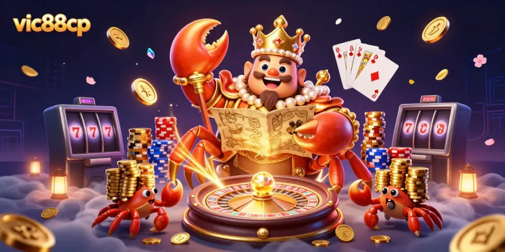 Engage with exciting slots at vic88cp featuring the golden crab emperor among dazzling casino elements.