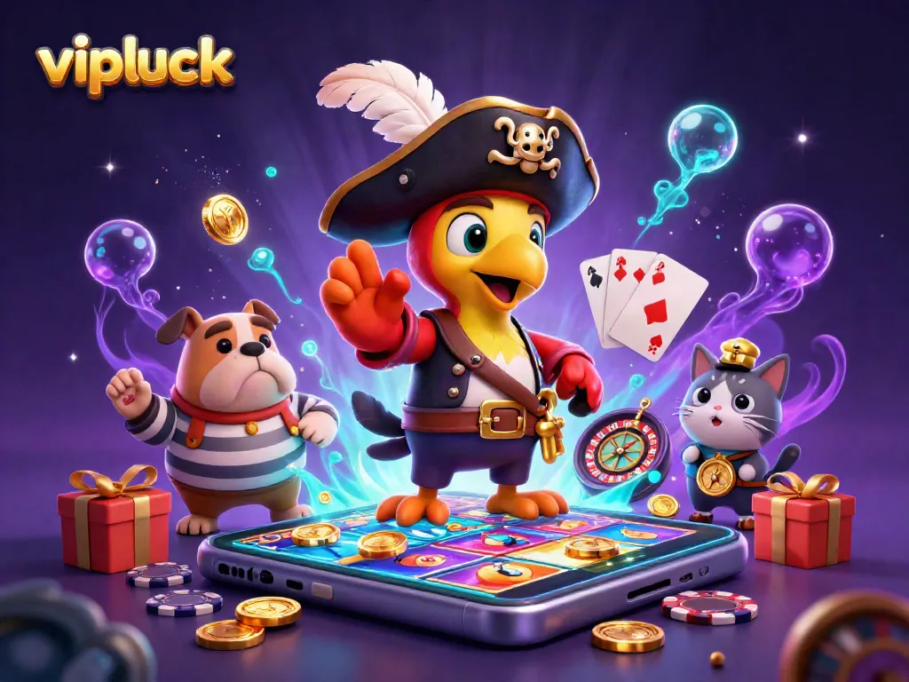 Win big with vipluck in a vibrant, action-packed 3D casino illustration.