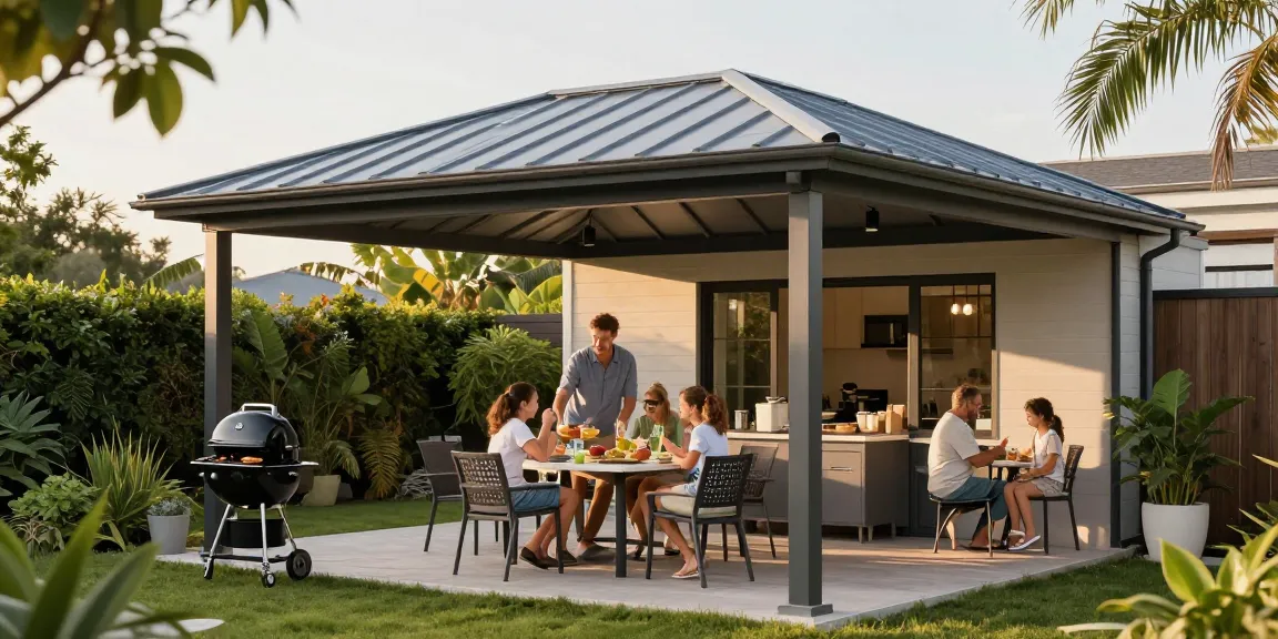 Terrassenüberdachung schützt beim Grillen im Garten mit modernem Design und einladender Atmosphäre.