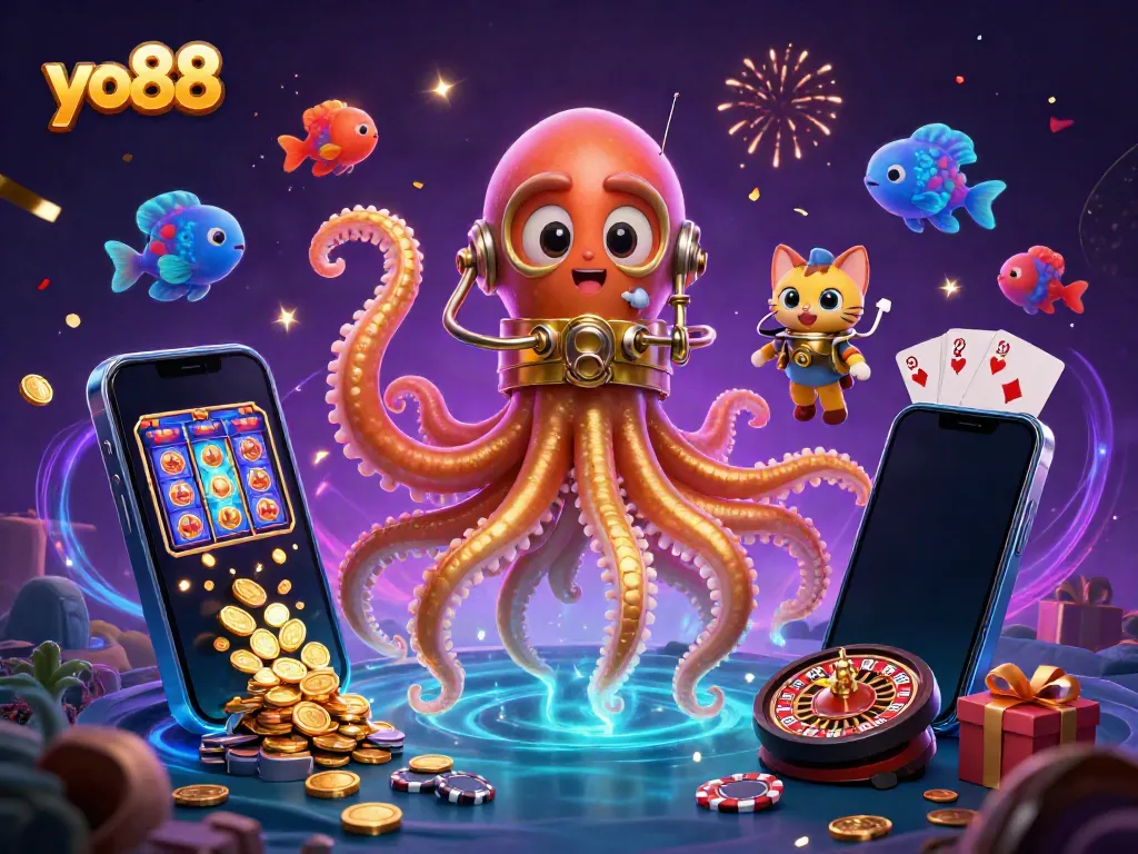 Experience thrilling play at yo88 with a cartoon kraken, diving cat, and dynamic gaming elements in a vibrant sea backdrop.