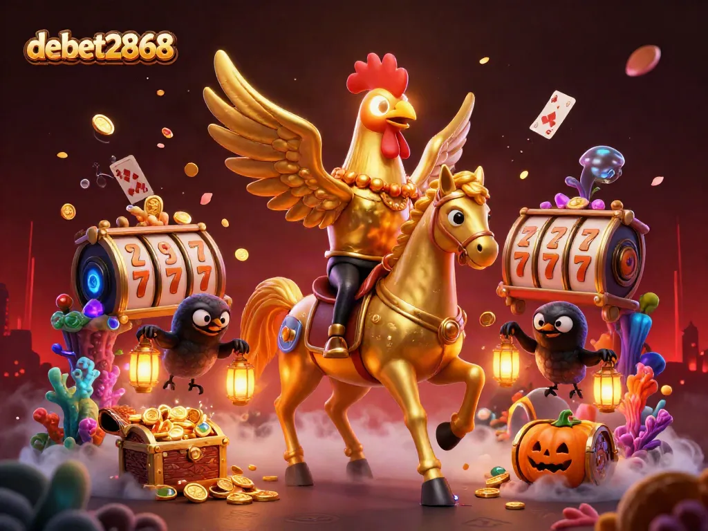 Experience thrilling gameplay at debet2868 with a golden rooster and casino elements illuminating the scene.
