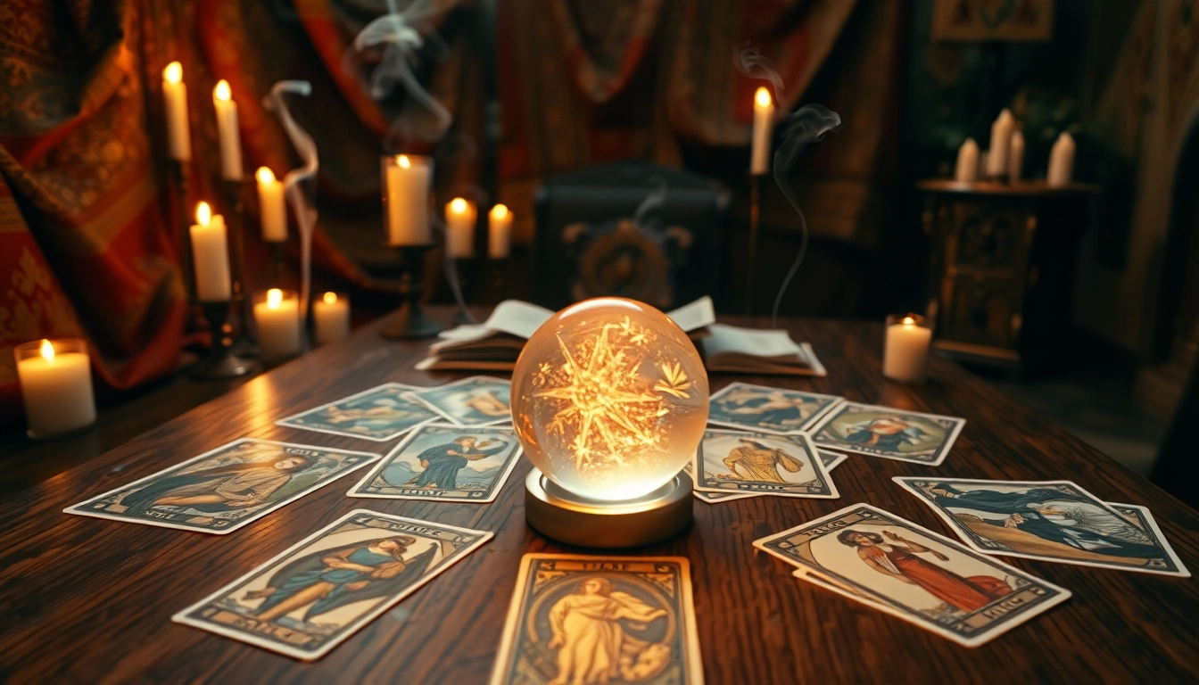 Tarotkarten Bedeutung in einem magischen Raum mit Kerzen und reichem Tuch.