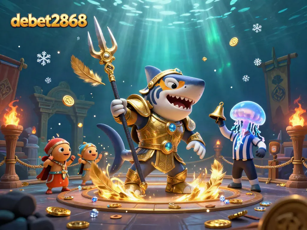 Engage with debet2868 in an underwater colosseum featuring vibrant casino elements and a dynamic scene.