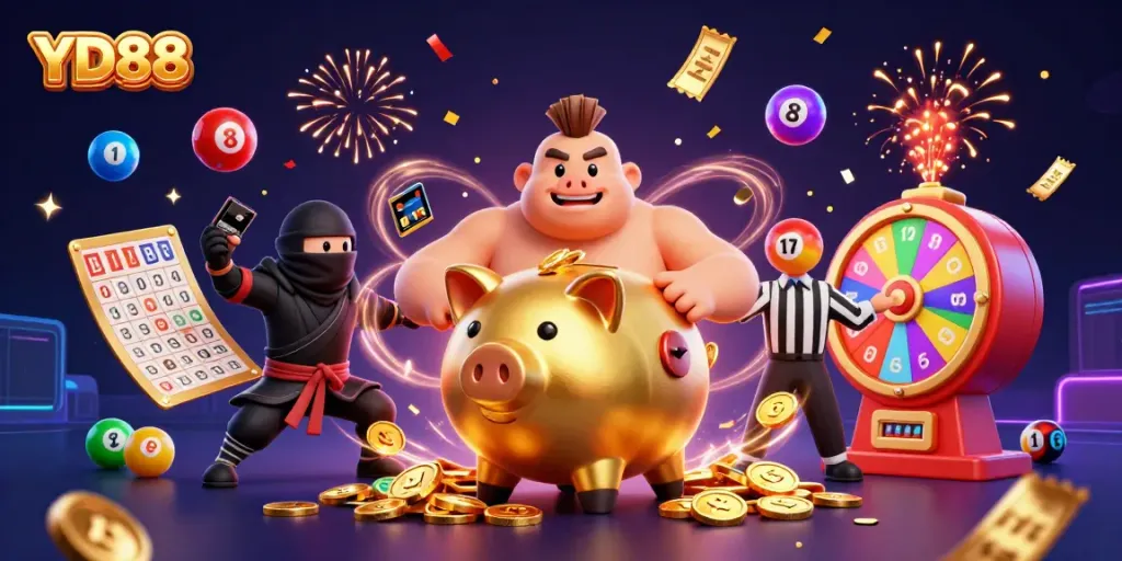 Experience YD88 with an energetic scene of a sumo wrestler, ninja, and samurai amidst colorful casino elements.
