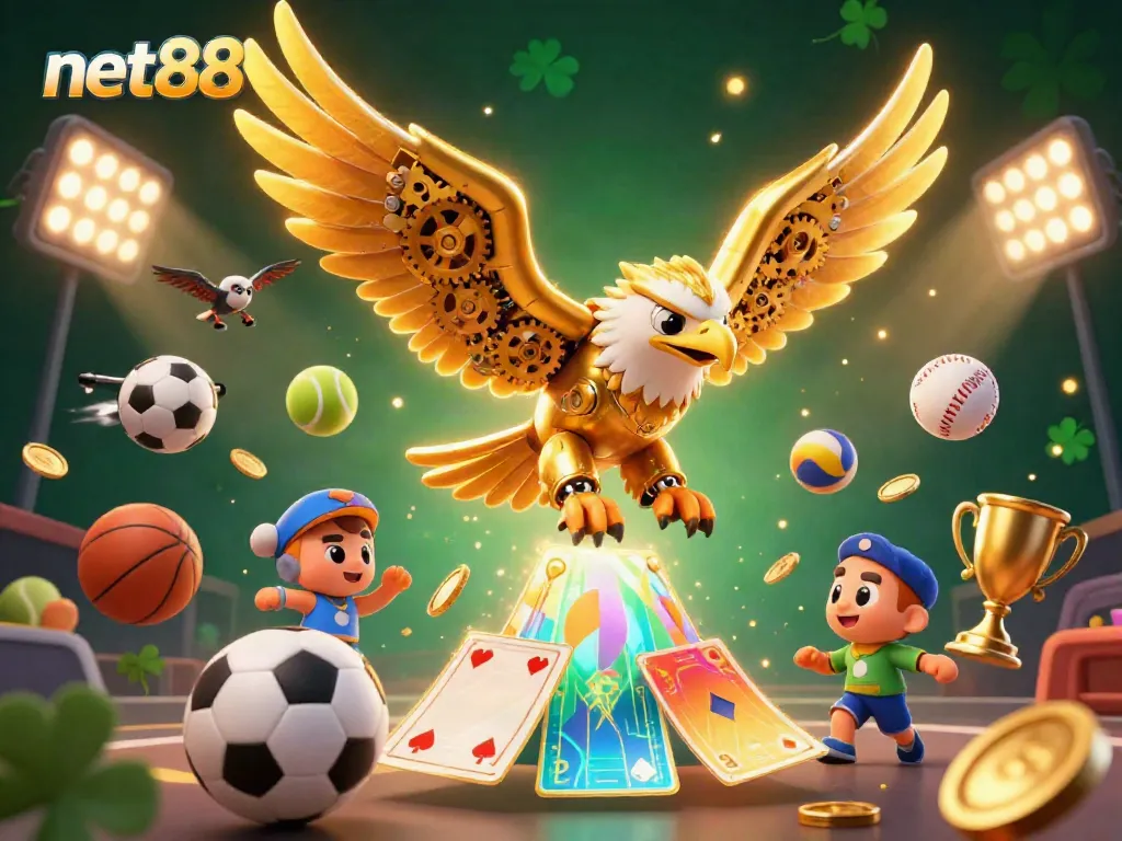 Experience thrilling online betting action with net88, featuring a majestic golden eagle amidst sports elements.
