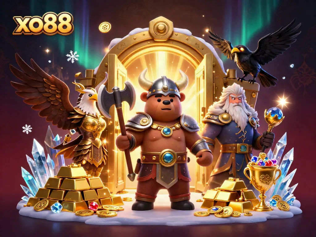 Experience thrilling games at xo88 with a vibrant 3D digital illustration full of treasure and excitement.