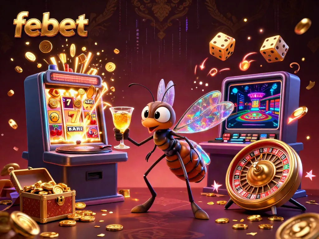Experience the thrill of febet with a lively casino scene featuring a unique frozen mosquito mascot and vibrant casino elements.