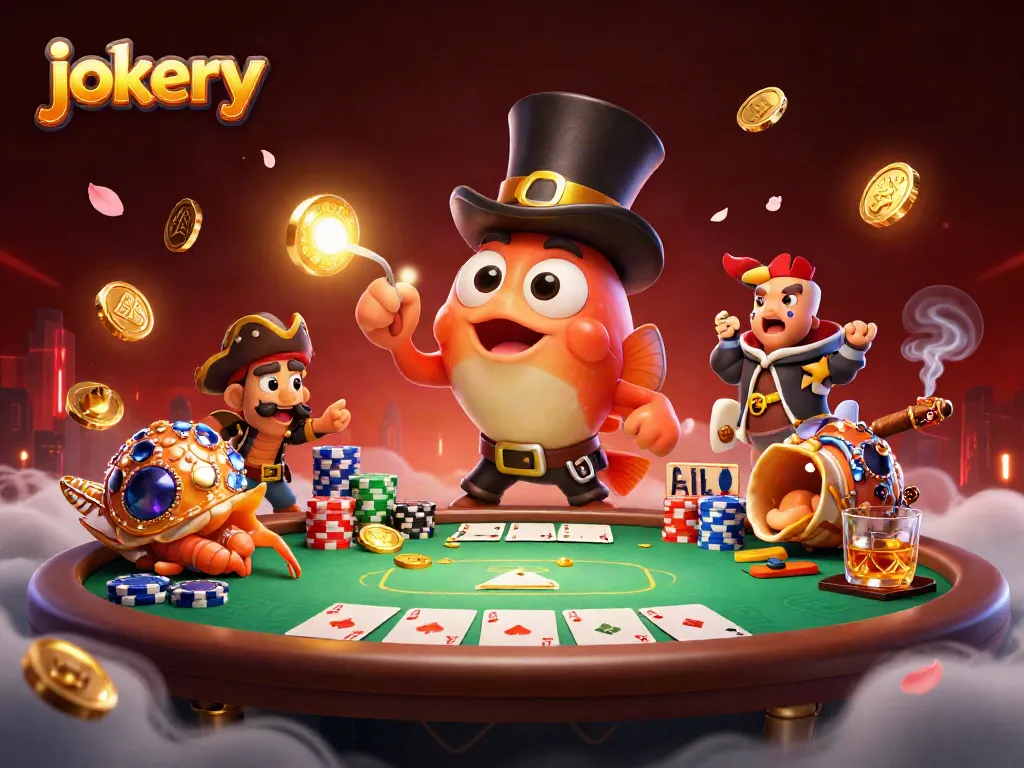 Engage in jokery excitement as glowing anglerfish and pirate shrimp navigate a vibrant casino scene with poker elements.