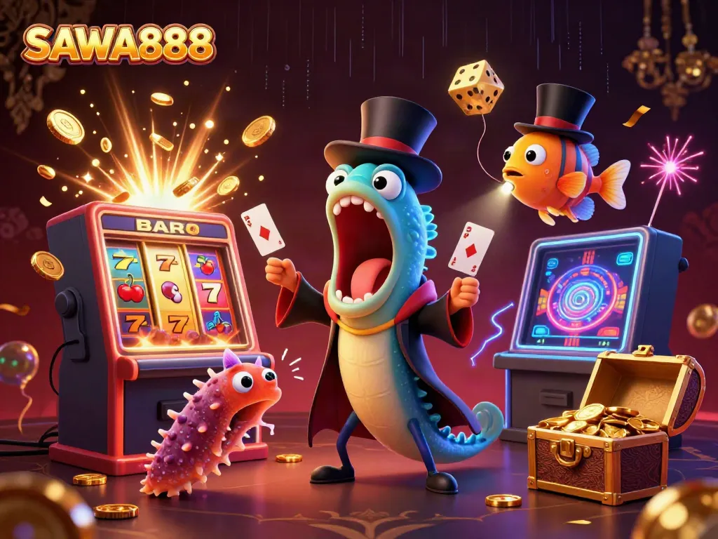 SAWA888's enchanting deep-sea characters engage in vibrant casino magic as they celebrate a jackpot.