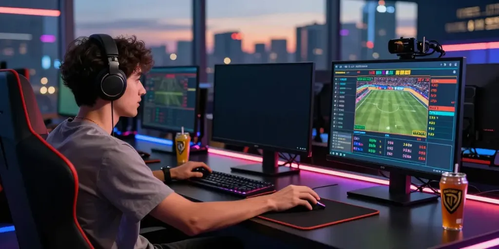 Player engaging with man88 online sports betting at a modern gaming station.
