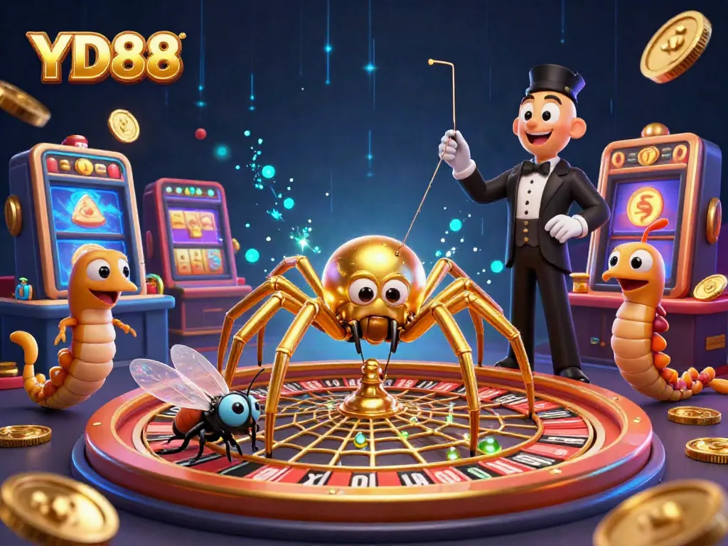 Experience the excitement of YD88 online casino with a golden web roulette scene, vibrant casino elements, and dynamic characters.