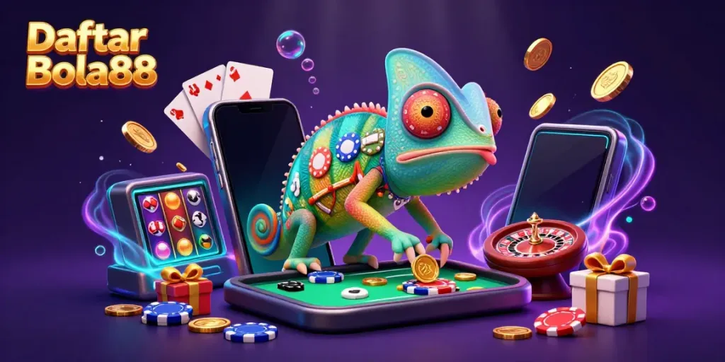 Experience the excitement of Daftar Bola88 with a dynamic casino scene, showcasing a colorful chameleon and thrilling gaming elements.