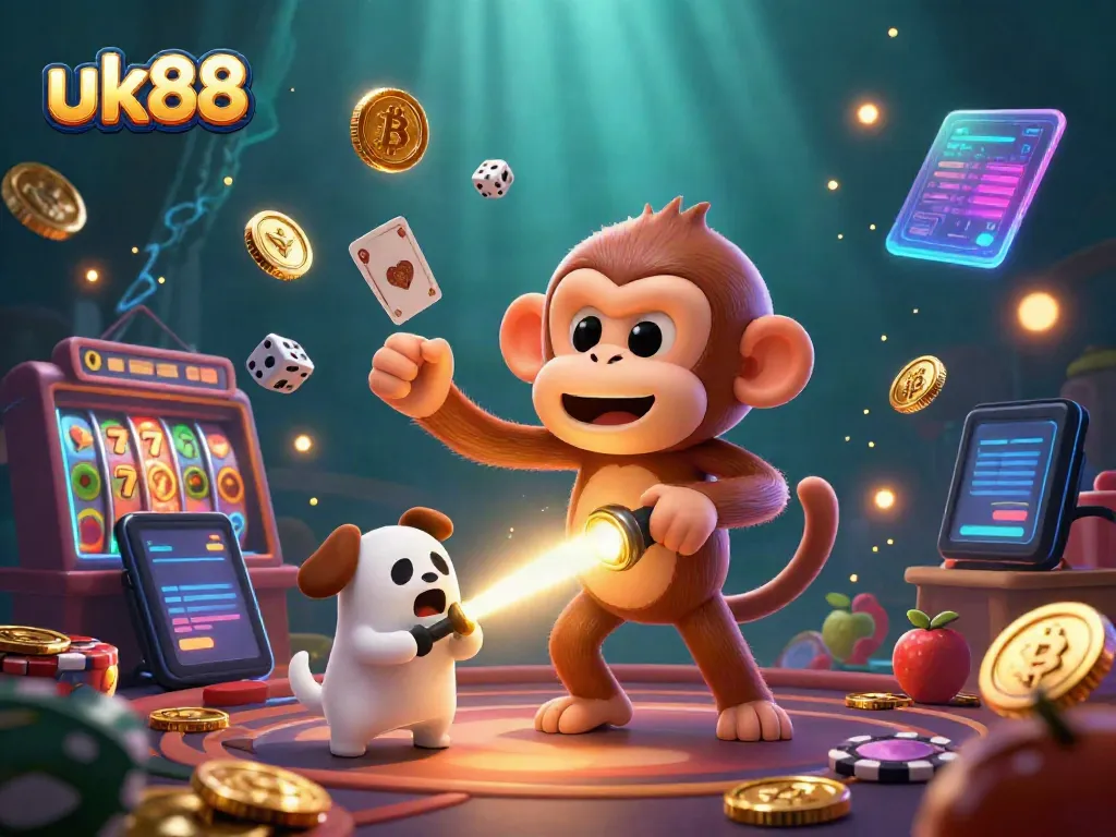 Experience the thrill of winning at uk88 with a ghost-hunter puppy tracking a mischievous monkey in a casino.