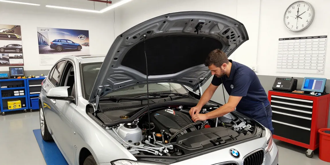 BMW Steuerkette Wechseln Hannover - Mechaniker inspiziert Motorsteuerung in einer professionellen Werkstatt.