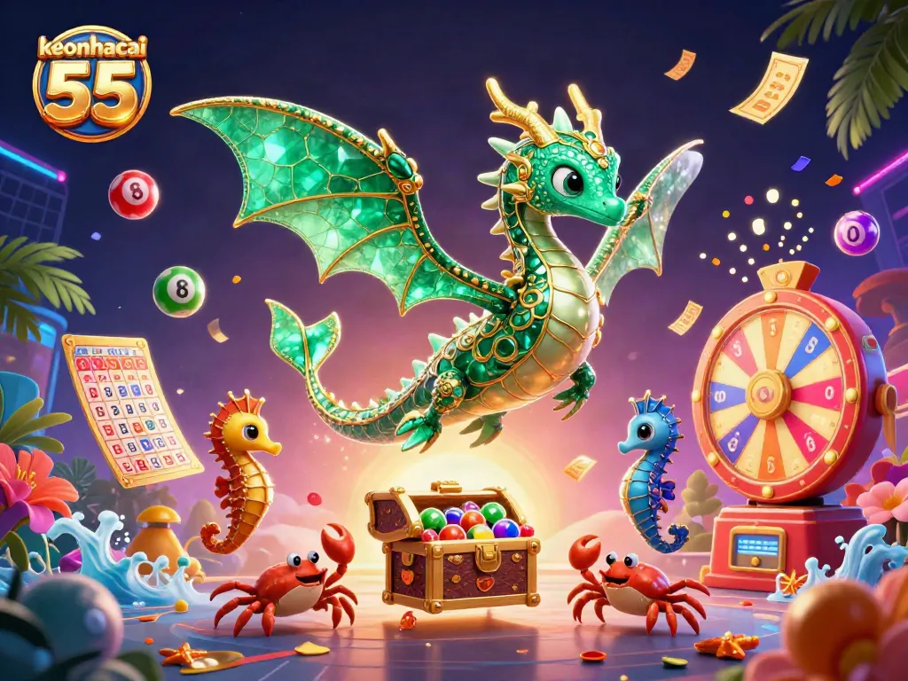 Engage in thrilling lottery games with keonhacai 55 as vibrant balls bounce, showcasing a dynamic casino atmosphere.