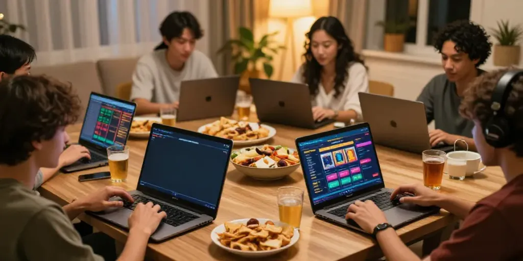 Players enjoying the Alternatif Bola88 online gambling experience in a cozy living room.