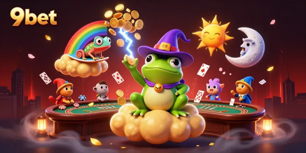 Experience big wins with 9bet in this vibrant cartoon casino scene featuring whimsical characters.