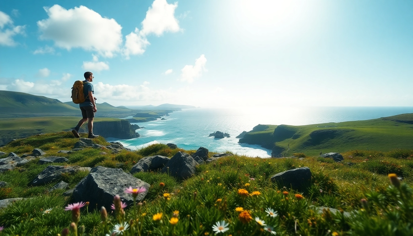 Schöner Ausblick beim Wandern Irland Urlaub mit flauschigen Wolken und blühenden wildblumen.