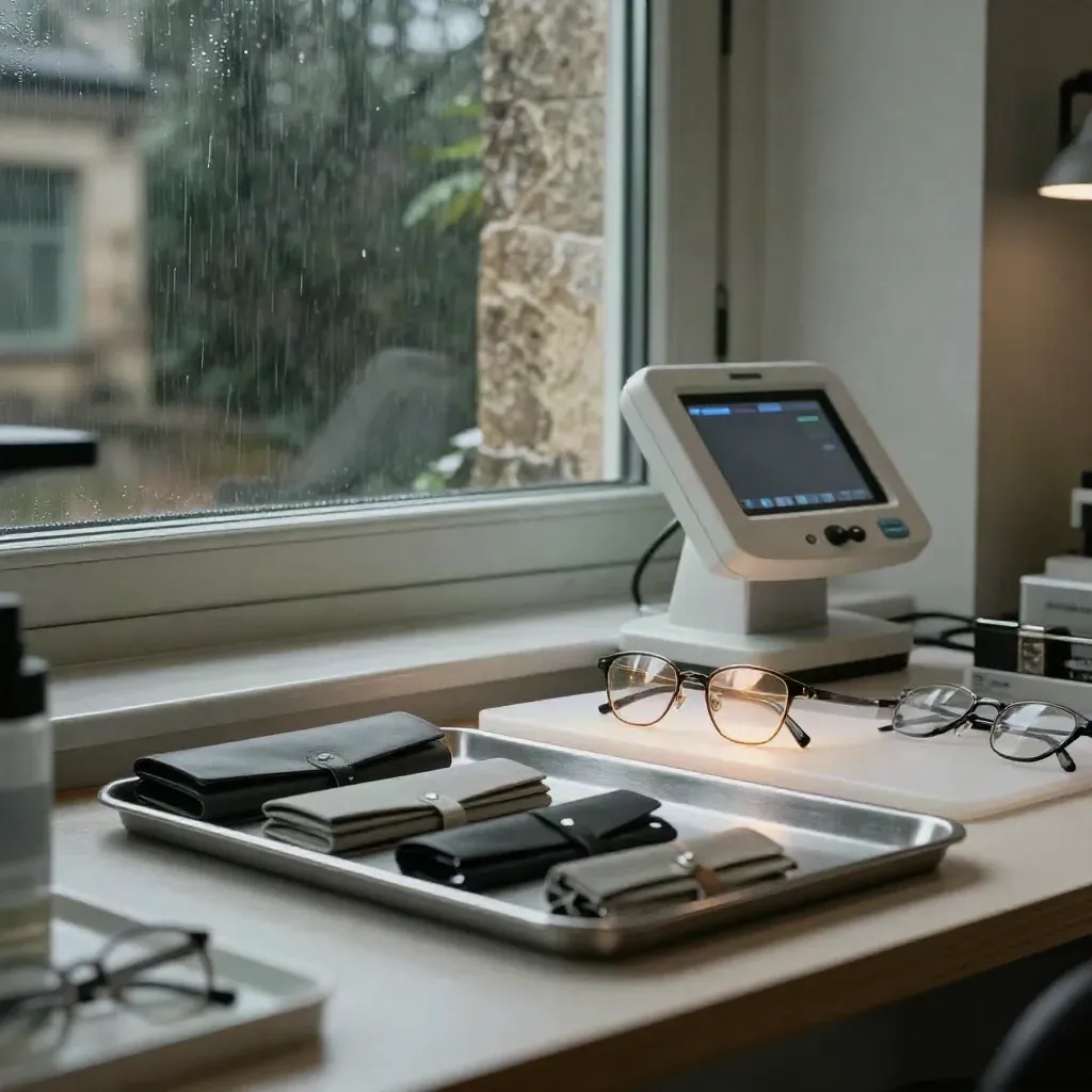 Optikerpraxis im Morgenlicht mit Brille, Displays und feuchtem Stein vor der Tür.