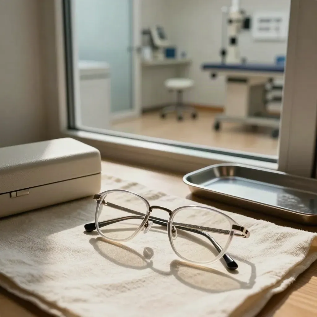 Brille im Fokus vor Fensterblick und ruhigem Augenarztzimmer im warmen Tageslicht.