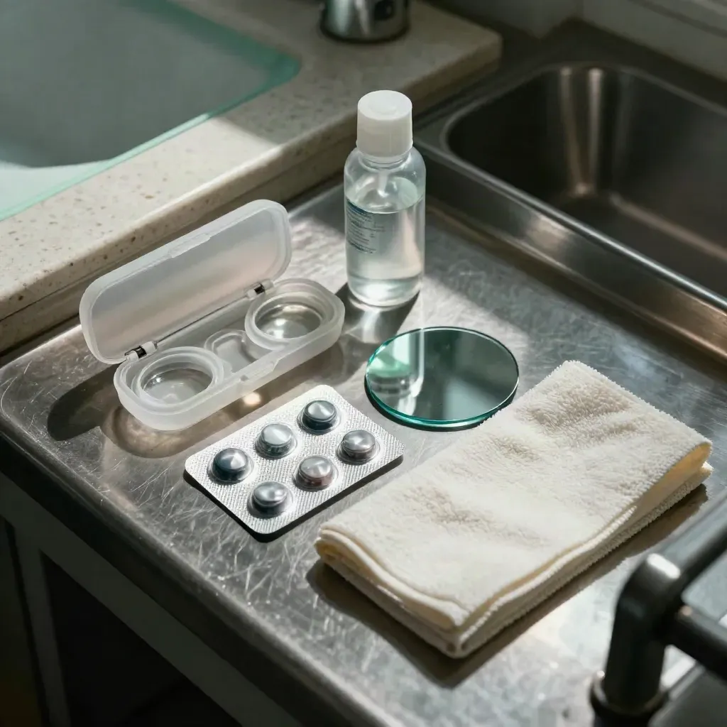 Kontaktlinsen-Check mit Linsendose, Salzlösung, Blisterpackung und Tuch auf Stahl.