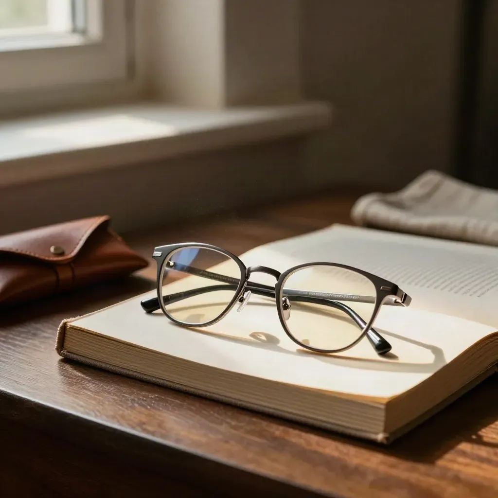 Gleitsichtbrille neben Buch und Leselicht auf warmem Schreibtisch mit Steinpodest.