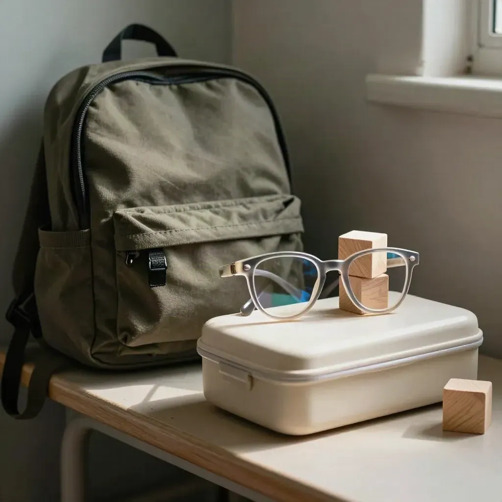 Kindergläser neben Rucksack, Lunchbox und Holzklötzen auf einer hellen Bank.
