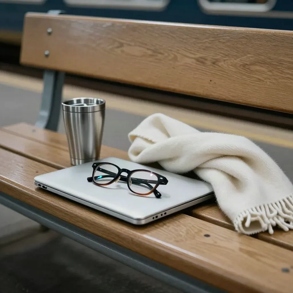 Brille, Laptop-Hülle, Thermobecher und Schal auf einer Bahnhofbank im warmen Licht.