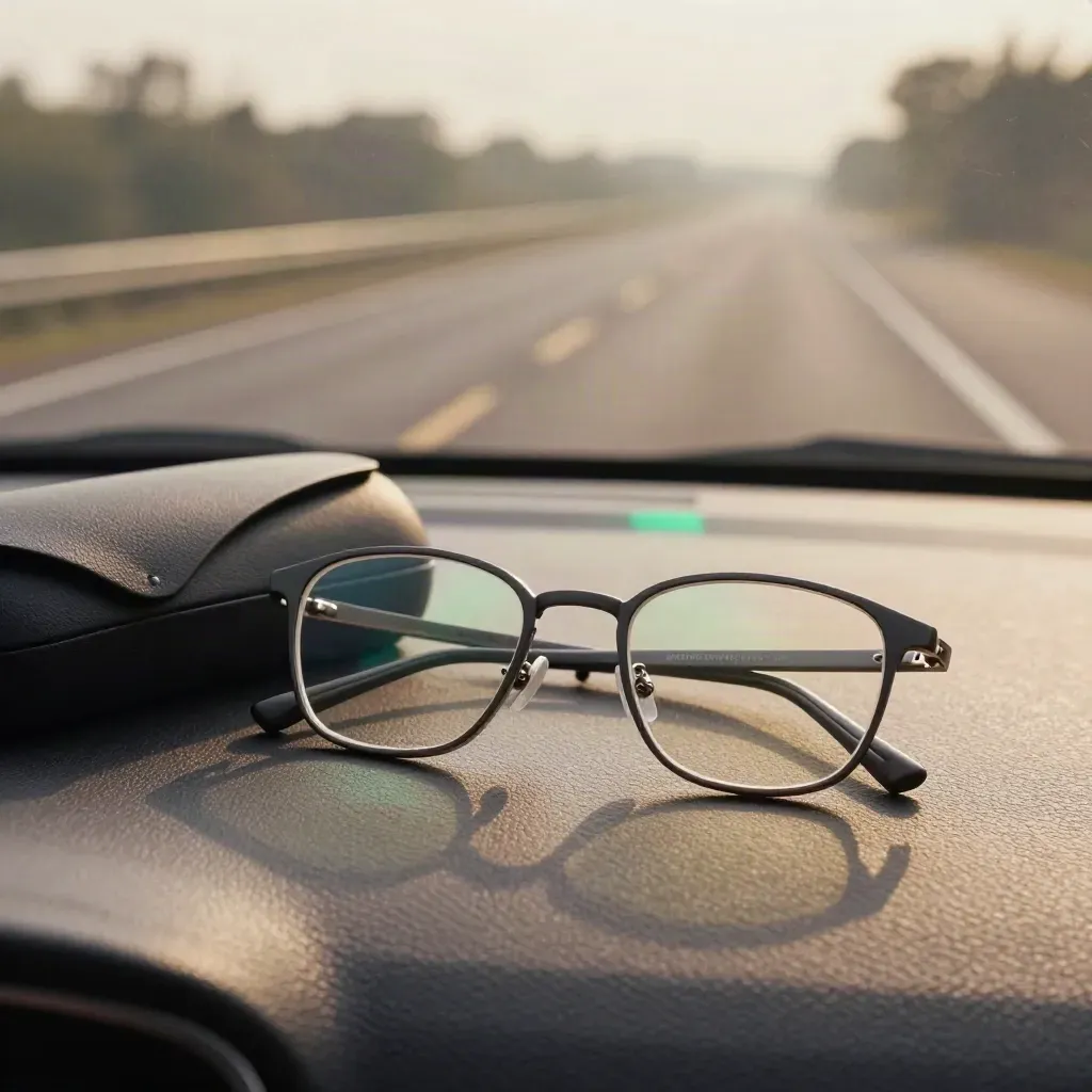 Brille und Etui auf dem Armaturenbrett, die Straße voraus im Morgenlicht