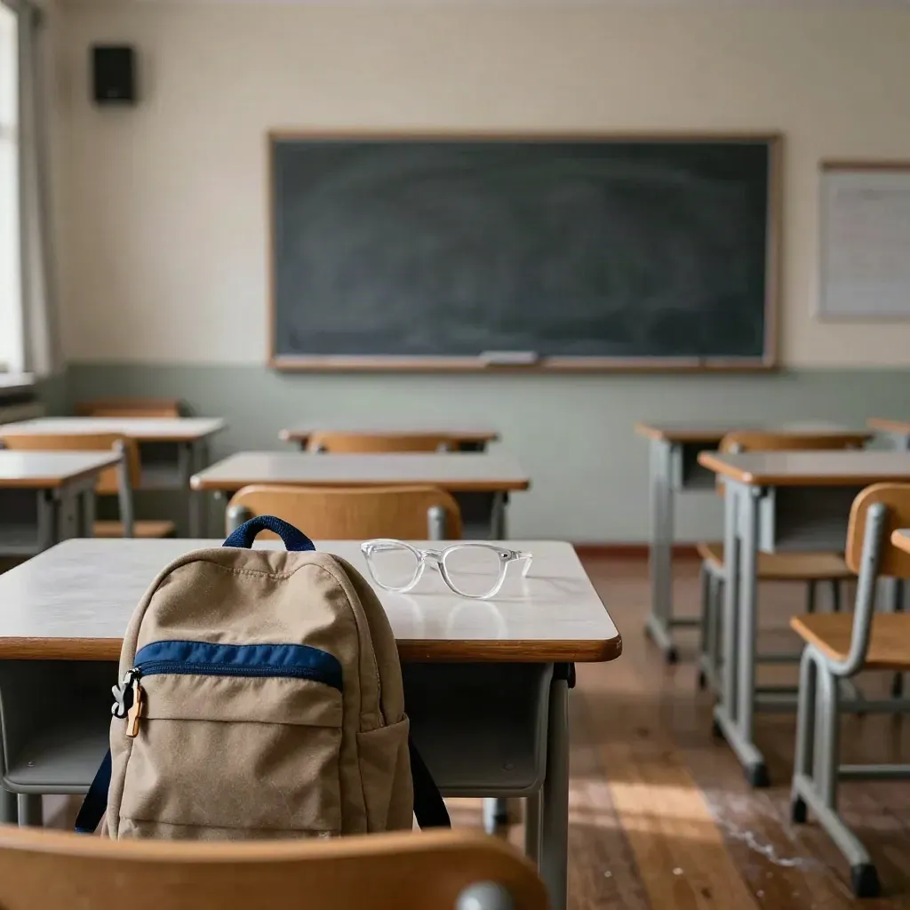 Leerer Klassenraum mit Kinderbrille, Rucksack und Tafel im Morgenlicht.