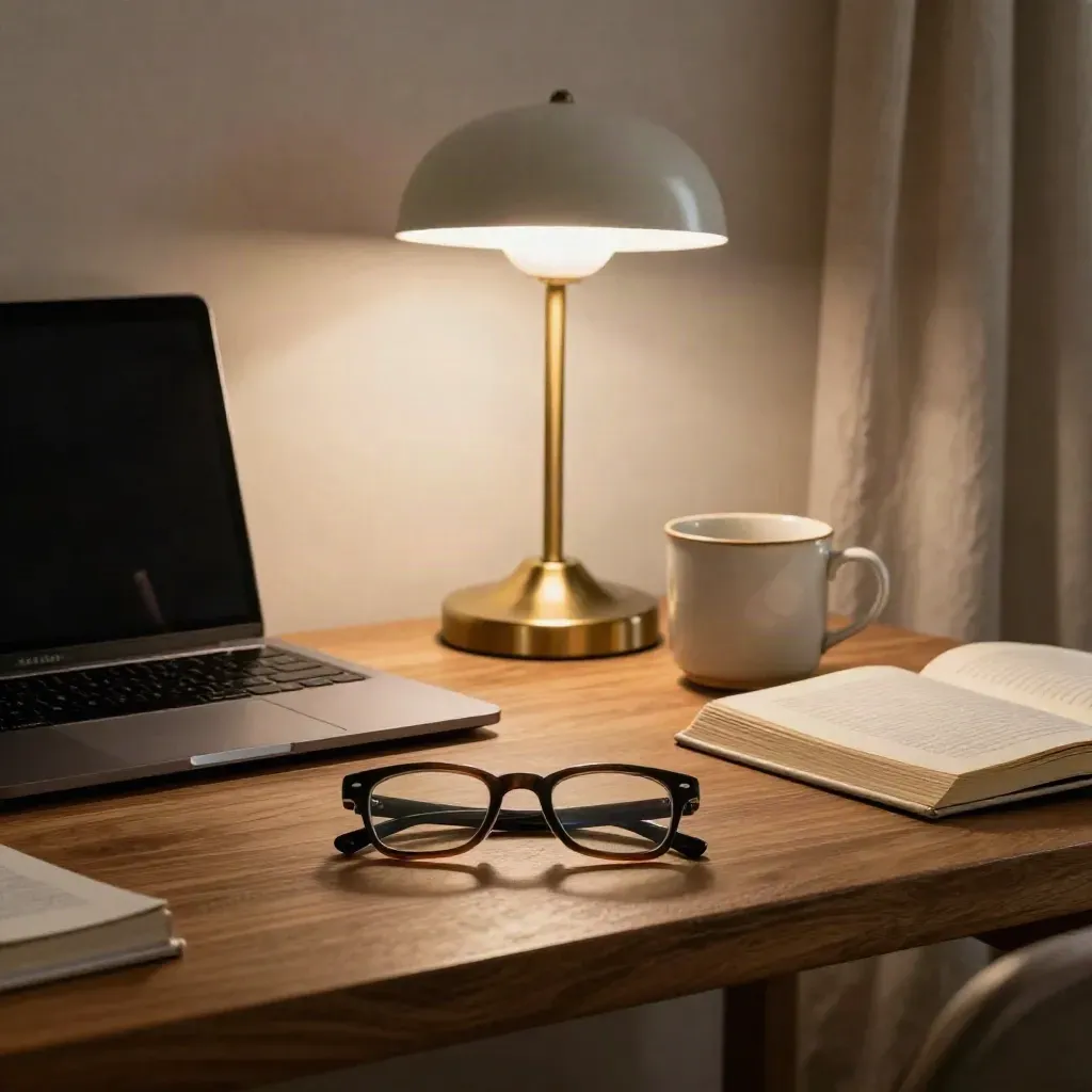 Brille, Laptop, Lampe, Tasse und Buch auf einem ruhigen Homeoffice-Tisch im warmen Licht.