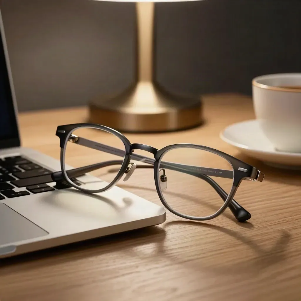 Brille, geschlossener Laptop, Lampe und Tasse auf einem hellen Arbeitstisch.