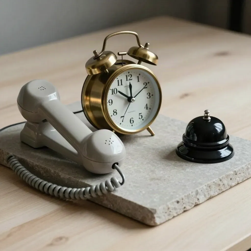 Telefonhörer, Wecker und Termin-Glocke auf hellem Steinsockel.