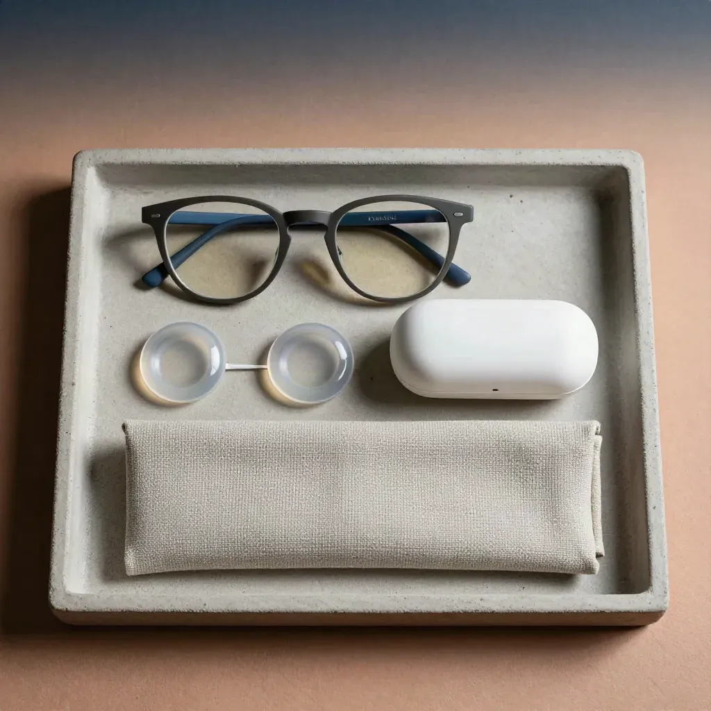 Brillenfassung, Kontaktlinsenbehälter und Etui auf Steintray mit ruhigem Licht.