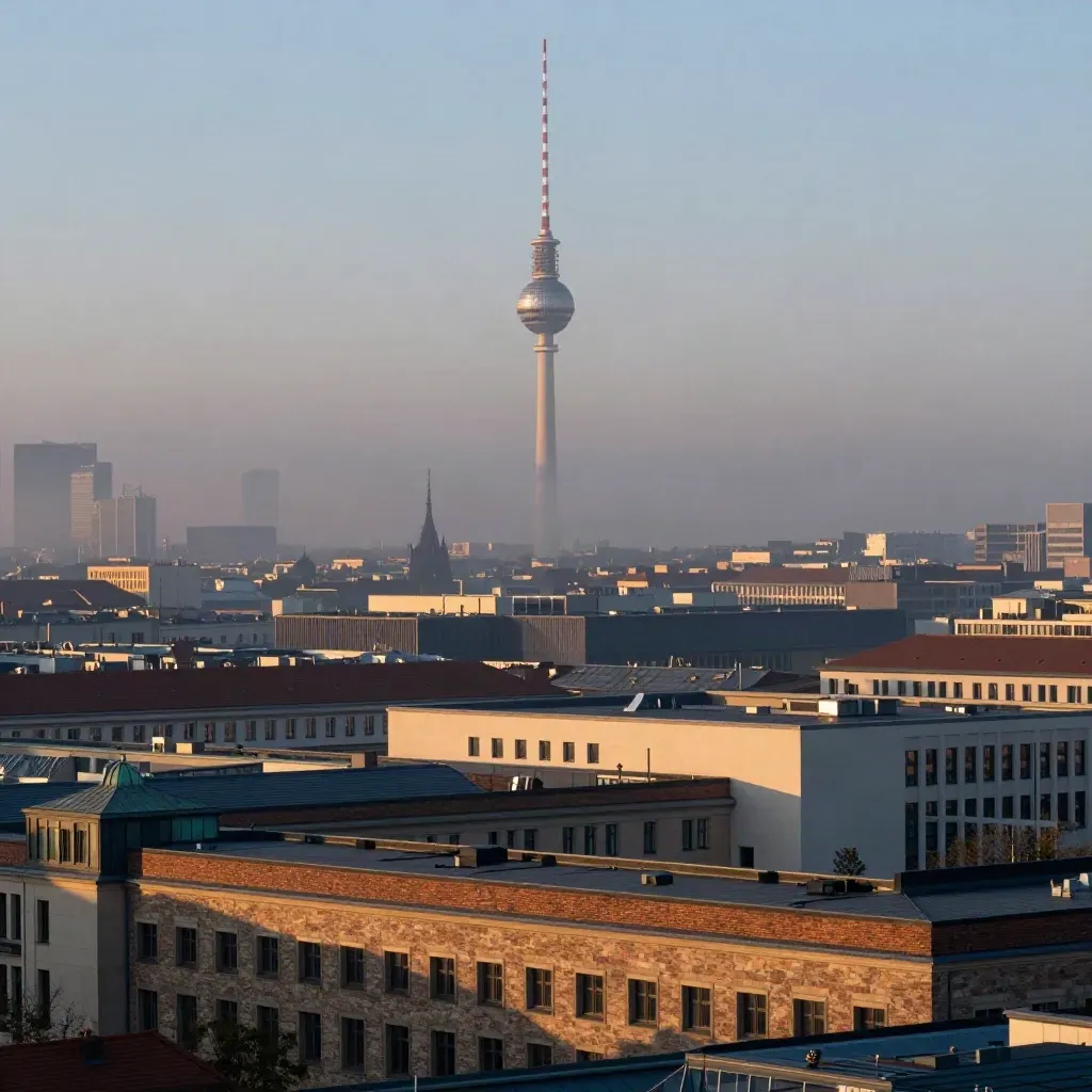 Berlin-Mitte-Skyline mit Fernsehturm im Morgennebel, ruhige Fläche für Text.