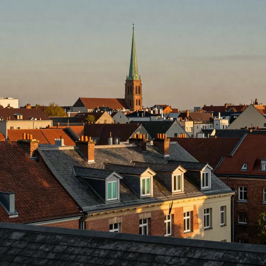Blick über Schöneberger Dächer mit Kirchturm im warmen Abendlicht