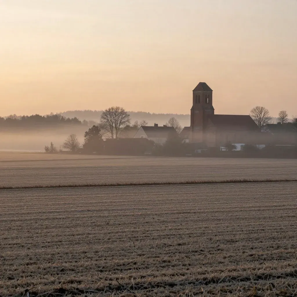 Neblige Felder in Brandenburg Süd mit rotem Kirchturm im Morgenlicht