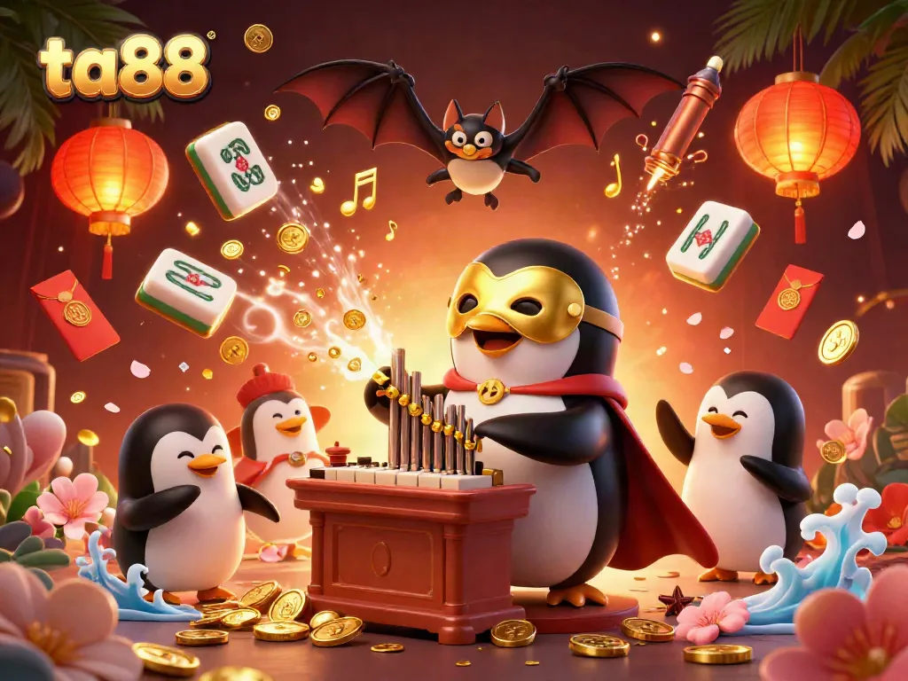 Experience thrilling gameplay with ta88 as the penguin plays, launching coins in a vibrant casino scene.